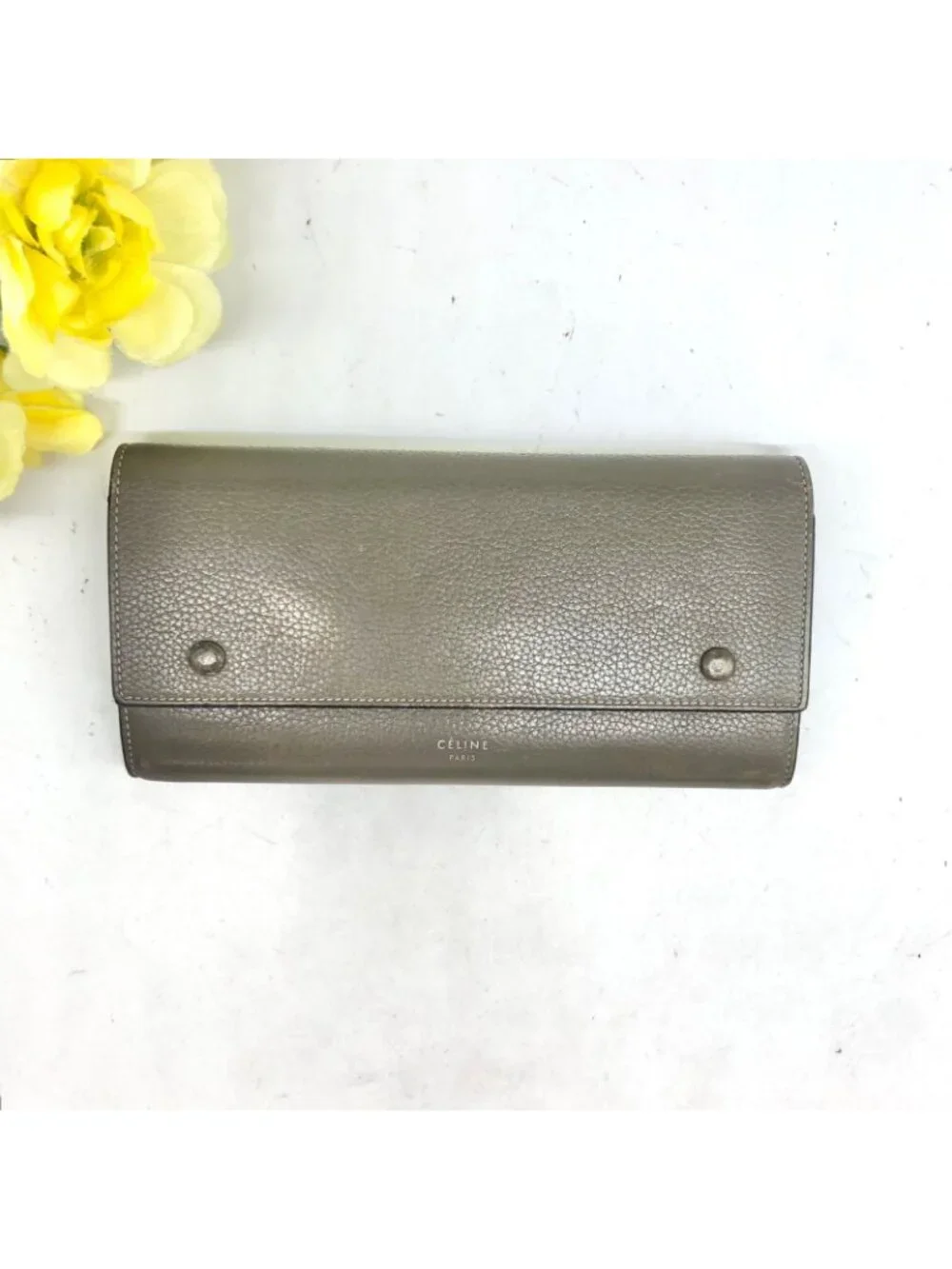 Celine Bifold Wallet Multi Function Large Flap Leather Khaki